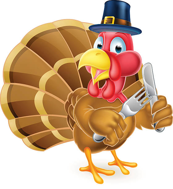 ilustraciones, imágenes clip art, dibujos animados e iconos de stock de pilgrim hat thanksgiving cartoon turkey holding knife and fork - thanksgiving diner