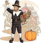 Vector Illustration of a Pilgrim on the farm with his turkey. File saved on layers for easy editing.