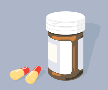 A vector illustration of a pill bottle and pills. All grouped and layered for easy isolation and editing. Note the background can easily removed.
