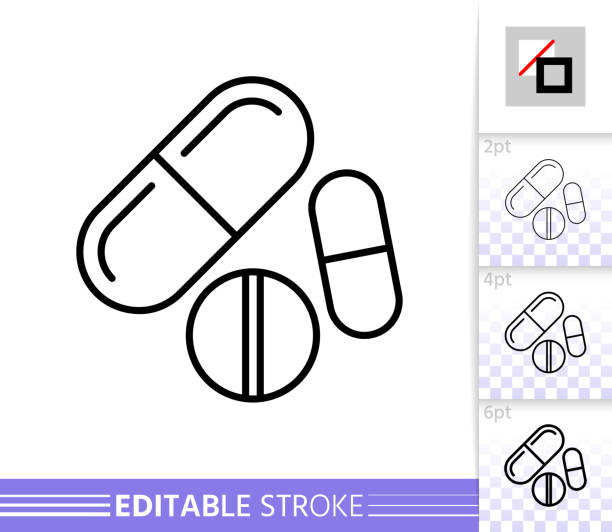 Pill drug medicine simple thin line vector icon Pill thin line icon. Drug banner in flat style. Medicine poster. Pharmacy Linear pictogram. Simple illustration, outline symbol. Vector sign isolated on white. Editable stroke icons without fill pill stock illustrations