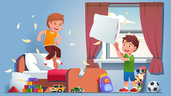 Pillow fight at boys room. Two kids having fun playing together at home bedroom. Excited children throwing pillows, feathers flying, jumping on bed, making ruckus. Flat vector character illustration