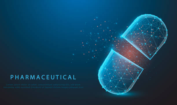 Pills. Abstract polygonal wireframe light capsule in blue background. Medical, pharmacy, health, vitamin, antibiotic, pharmaceutical, treatment concept illustration. glowing blue or low polygon. vector art illustration