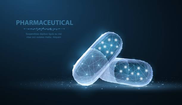 Pills. Abstract polygonal wireframe two capsule pills on blue. Medical, pharmacy, health, vitamin, antibiotic, pharmaceutical, treatment concept illustration or background birth control pill stock illustrations