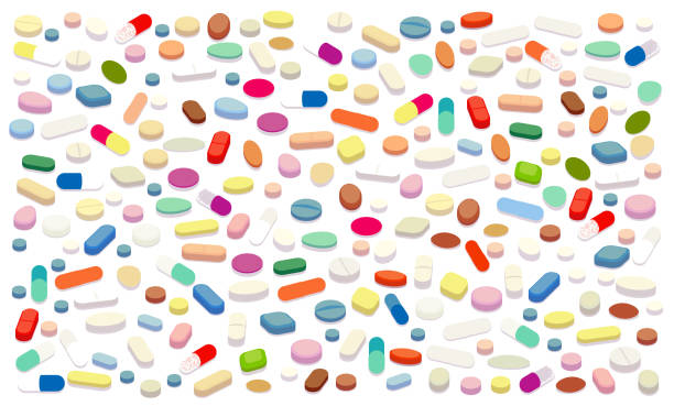 Pills vector illustration More than 200 pills are scattered across a white background in this vector illustration, including a wide variety of tablets and capsules in dozens of colors and forms, and representing a wide range of medical and pharmaceutical uses. antihistamine stock illustrations