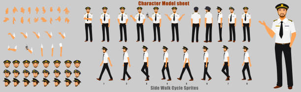 Pilot Character Turnaround with Walk cycle and Run cycle Animation Sequence Pilot Character Model sheet with Walk cycle Animation Sequence businessman borders stock illustrations