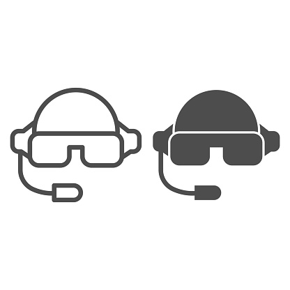 Pilot helmet line and solid icon. Aviator jet mask with glasses and microphone symbol, outline style pictogram on white background. Warfare sign for mobile concept and web design. Vector graphics.