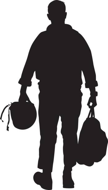 Pilot Walking with Helmet Silhouette Vector silhouette of a man walking while holding a backpack and a helmet. air force stock illustrations