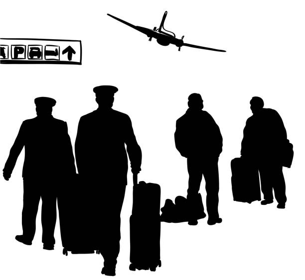 Pilots At The Gate Silhouette Pilots preparing to board a plane airport clipart stock illustrations