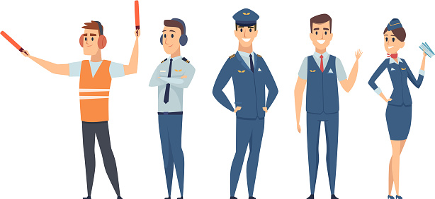 Pilots. Avia company persons crew pilots stewardess airplane command civil aviation vector characters in cartoon style