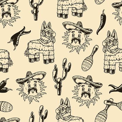 Monochrome Mexico vintage seamless pattern with papier-mache pinata toy, prickly cactus, spicy chili pepper and cartoon mustached sun in sombrero, vector illustration