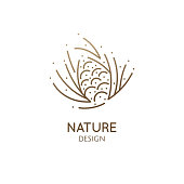 Pine cone logo. Abstract vector icon with fir-needles. Linear simple emblem for design of natural organic products, packaging of cosmetics, oils and ecology concepts, health, spa and yoga Center.