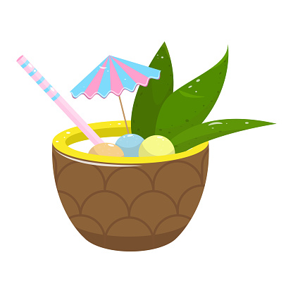 Pineapple cocktail with umbrella and straw. Vector illustration