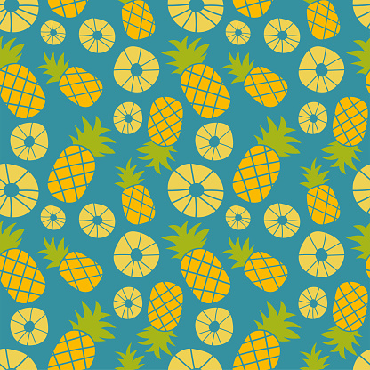 Pineapple seamless pattern. Hand drawn fresh slice of ananas. Vector sketch background. Color doodle wallpaper. Exotic tropical fruit. Fashion design. Food print for kitchen tablecloth, curtain or dishcloth