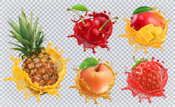 Pineapple, strawberry, apple, cherry, mango juice. Fresh fruits and splashes, 3d vector icon set  cherry stock illustrations