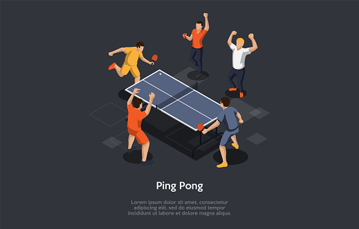 Ping Pong Game Concept Vector Illustration On Dark Background With Writings. Isometric Composition In Cartoon 3D Style. Characters, Objects. Group Of People Playing. Special Table With Net, Rackets