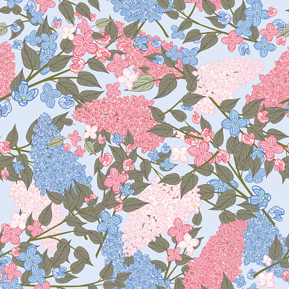 Pink and Blue Lilac Garden Seamless Pattern