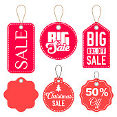 Pink and Red Sale Tags in Different Forms with One Blank Label Isolated on White. Vector Illustration.