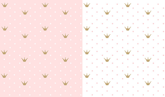 Pink and white seamless pattern with golden crown.