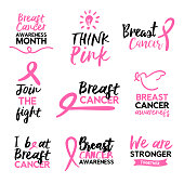 Breast cancer awareness month text quote set, isolated typography design collection with hand drawn pink ribbons. Includes emblems, doodle icons and positive support phrases. EPS10 vector.