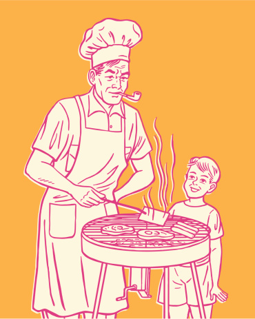 Pink cartoon of man & boy grilling meat on orange background
