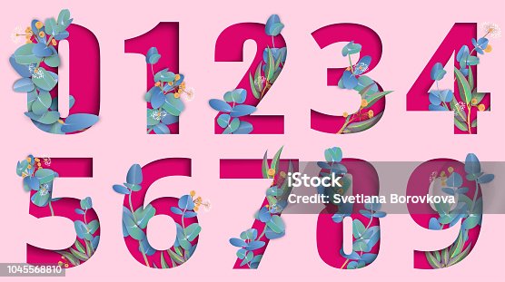 istock Pink carved paper isolated numeral signs with eucalyptus. 1045568810