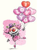 Cartoon/Artistic illustration of a Pink Clown with Heart Balloons Saying "I Love You".