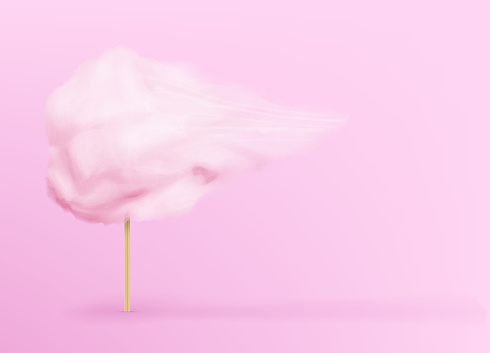 pink cotton candy on the pink background. Sugar clouds. Realistic vector illustration