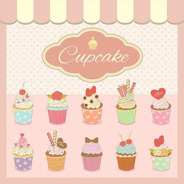 pink cupcake Vector drawing bakery cafe.The cakes show on shop window and decorate with awning.Vintage theme and pastel pink color tone. coffee cake stock illustrations