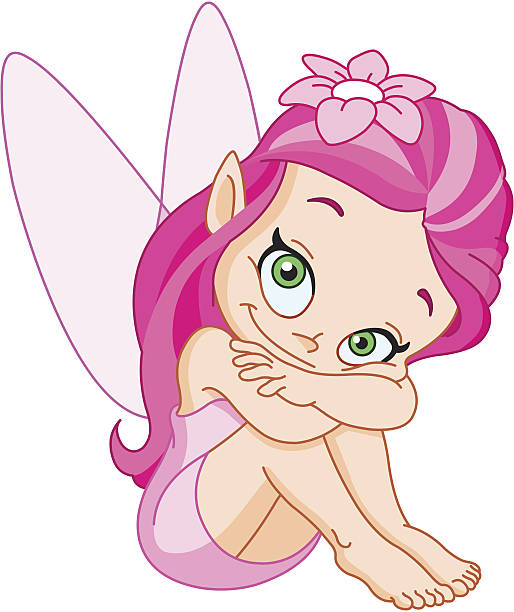 Pink fairy Smiling pink fairy sitting butterfly fairy flower white background stock illustrations