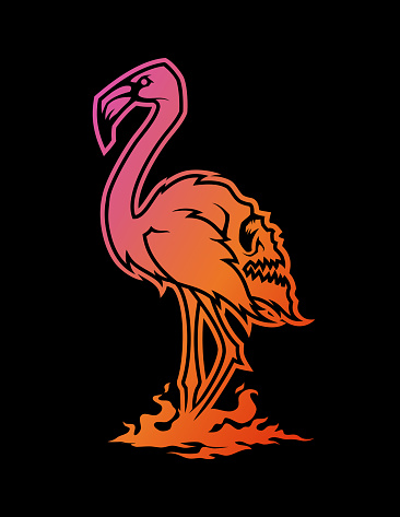 Pink flamingo silhouette with a skull on its back stands on fire