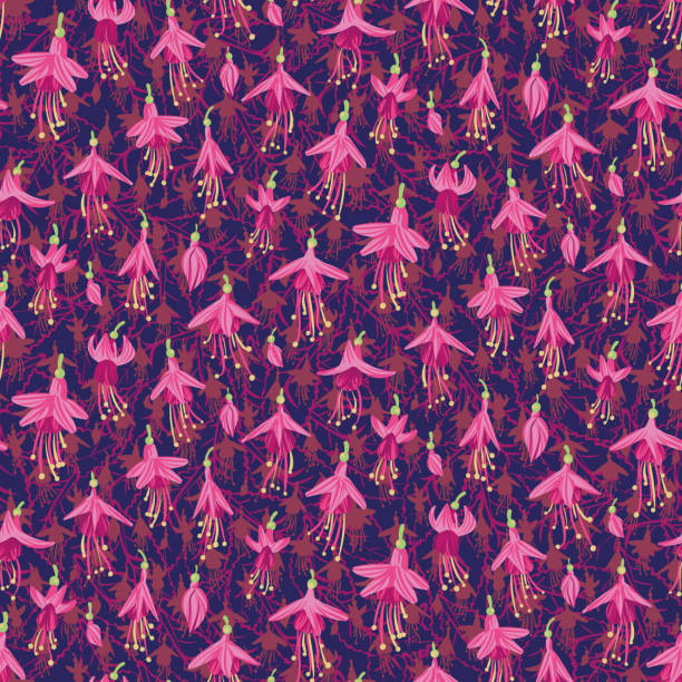 pink fuchsia flowers seamless vector pattern Pink fuchsia flowers seamless vector tropical pattern. Summertime feminine surface print design. For fabrics, cards, gift wrapping paper, scrapbooking, and packaging. fuchsia flower stock illustrations