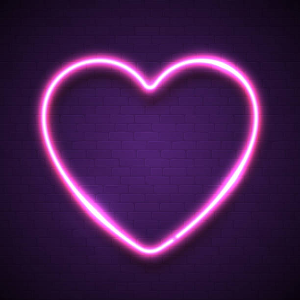 어두운 보라색 벽돌 벽에 핑크 하트 배경입니다. 네온 전기 효과 요소입니다. 글 래 머 럭셔리 빛나는 전구 기호입니다. 사랑 프레임. led 조명 기술 배너입니다. 3d 현실적인 모양 벡터 일러스트� - 형광색의 stock illustrations