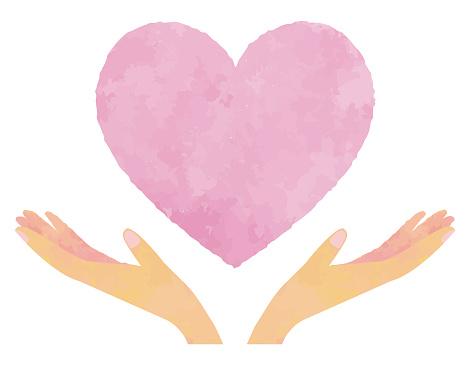 Pink heart floating on the palms of both hands / illustration material (vector illustration)