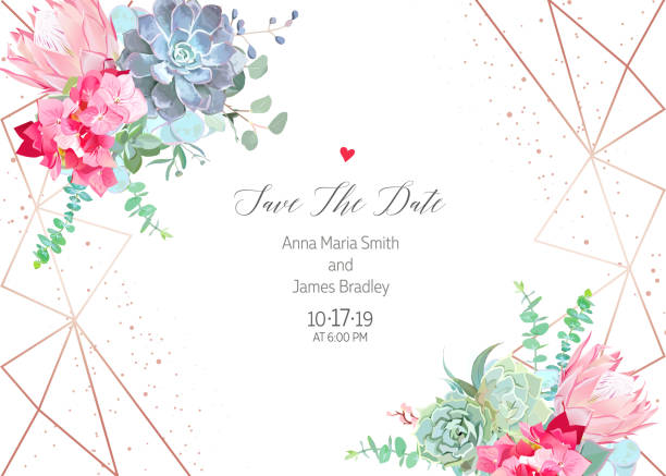 Pink hydrangea, protea, blue echeveria succulent, eucalyptus, gr Polygonal floral vector design frame with glitter. Pink hydrangea, protea, blue echeveria succulent, eucalyptus, greenery. Wedding horizontal card. Gold line art.All elements are isolated and editable cactus borders stock illustrations