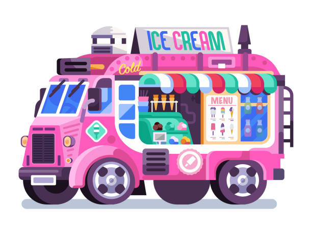 ilustraciones, imágenes clip art, dibujos animados e iconos de stock de heladería rosa en diseño plano - ice cream truck