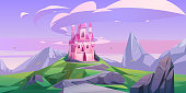 Pink magic castle, princess or fairy palace with turrets on mountain top with rocky road lead to gates and lilac clouds in sky. Fantasy fortress, medieval architecture. Cartoon vector illustration