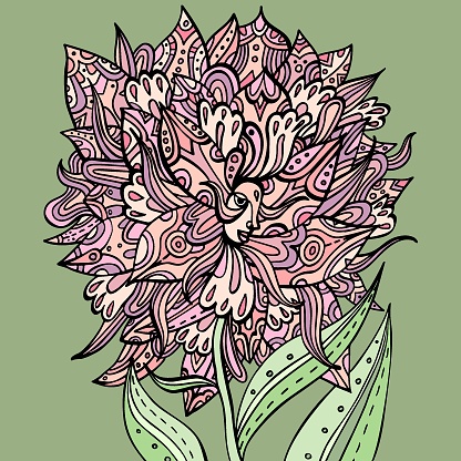 Pink ornate flower with a face. Fairytale floral princess, godess. Tribal boho tattoo. Vector coloring page.