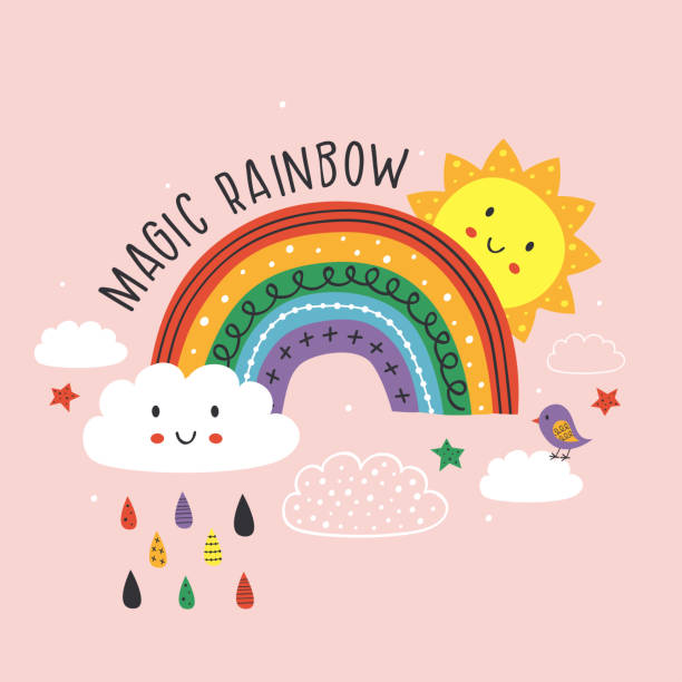 pink poster with magic rainbow, cloud, bird and sun pink poster with magic rainbow, cloud, bird and sun - vector illustration, eps rain drawings stock illustrations