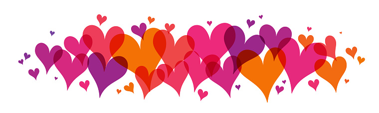Pink, purple and orange hearts vector background on white background