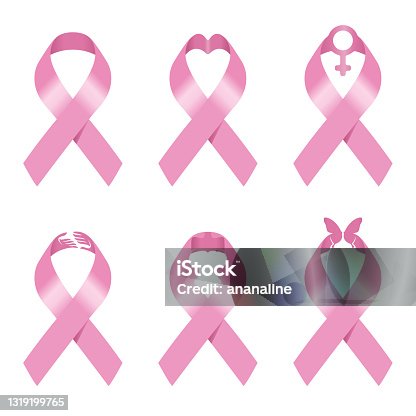 istock Pink ribbon sign vector illustration set design for Breast cancer awareness 1319199765
