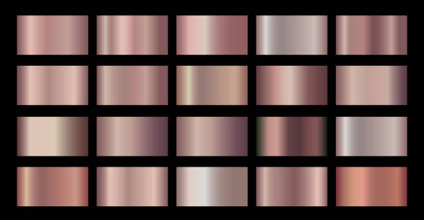 Pink, Rose Gold Vector foil texture gradients templates set. Collection of pink metallic gradient illustration gradation for backgrounds, cover, frame, ribbon, banner, flyer, smartphone cover design Pink, Rose Gold Vector foil texture gradients templates set. Collection of pink metallic gradient illustration gradation for backgrounds, cover, frame, ribbon, banner, flyer, smartphone cover design rose gold background stock illustrations