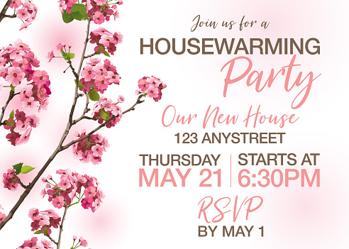 Pink Sakura Cherry Blossoms Vector Housewarming Invitation