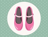 Editable vector illustration of pink sandals on polka dot teal background.