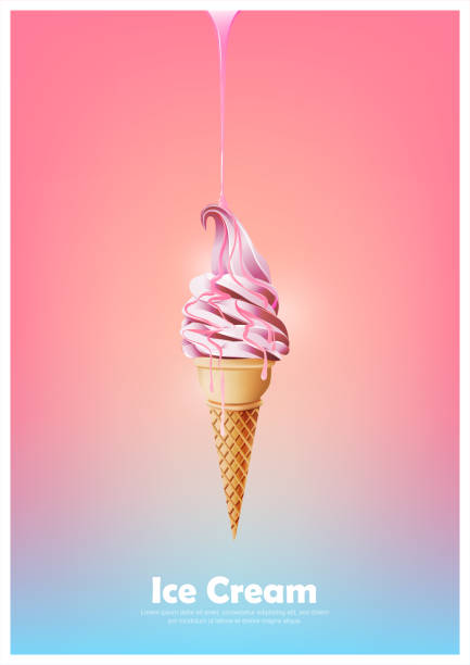 ilustrações de stock, clip art, desenhos animados e ícones de pink soft ice cream cone, pour pink syrup, vector illustration - strawberry ice cream