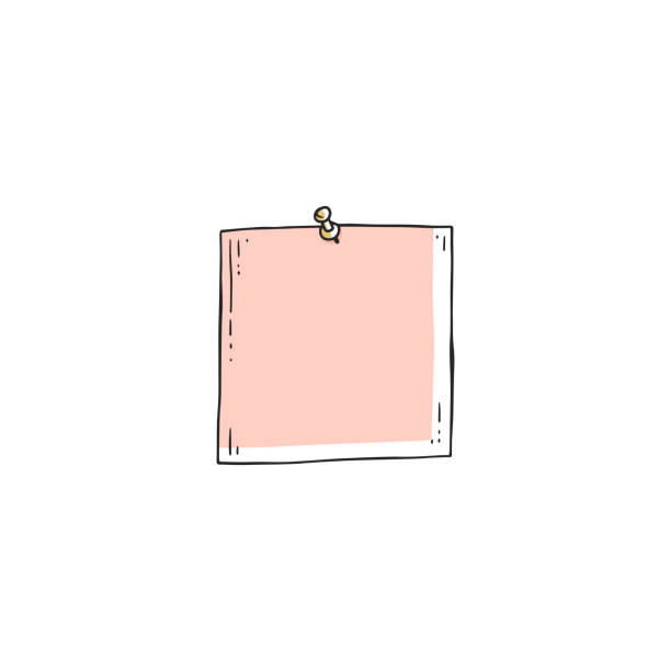 ilustrações, clipart, desenhos animados e ícones de parte de papel quadrada cor-de-rosa furada na parede com o alfinete da agulha - post it