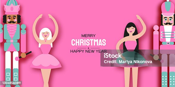 istock Pink Sugar Christmas Nutcracker and Clara Girl Ballerina in paper cut style. Cute soldier toy. December Ballet party. Creative Merry Xmas invitation. Happy New Year. Winter holidays. Space for text. 1354856089