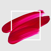Pink vector lipstick smear. Female girly logo. Paint brush stroke in frame, banner template.