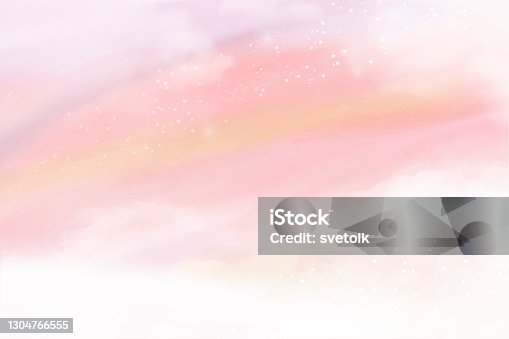 istock Pink watercolor cotton cloud background. Pastel fantasy sky backdrop template for wedding invitation, greeting card, banner or flyer. Vector illustration of fluffy candy clouds 1304766555