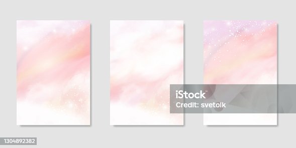 istock Pink watercolor cotton cloud background. Pastel fantasy sky backdrop template for wedding invitation, greeting card, banner or flyer. Vector illustration of fluffy candy clouds 1304892382