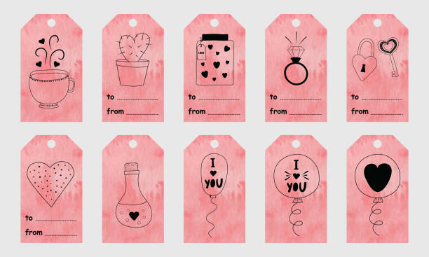 stockillustraties, clipart, cartoons en iconen met roze aquarel groet tags met schattige hand getekende elementen voor valentijnsdag - koffie nederland